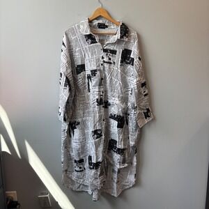 Goodtimeusa Newspaper Print Shirt Dress Cotton Black White Plus Size 1X/2X